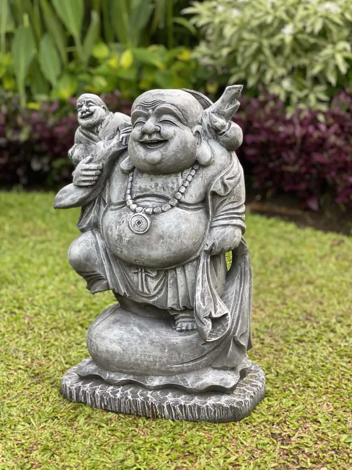  Product image 2 of the product “Sammo - Standing Chinese Buddha with small Buddha on shoulder, 55cm H | cast stone ”